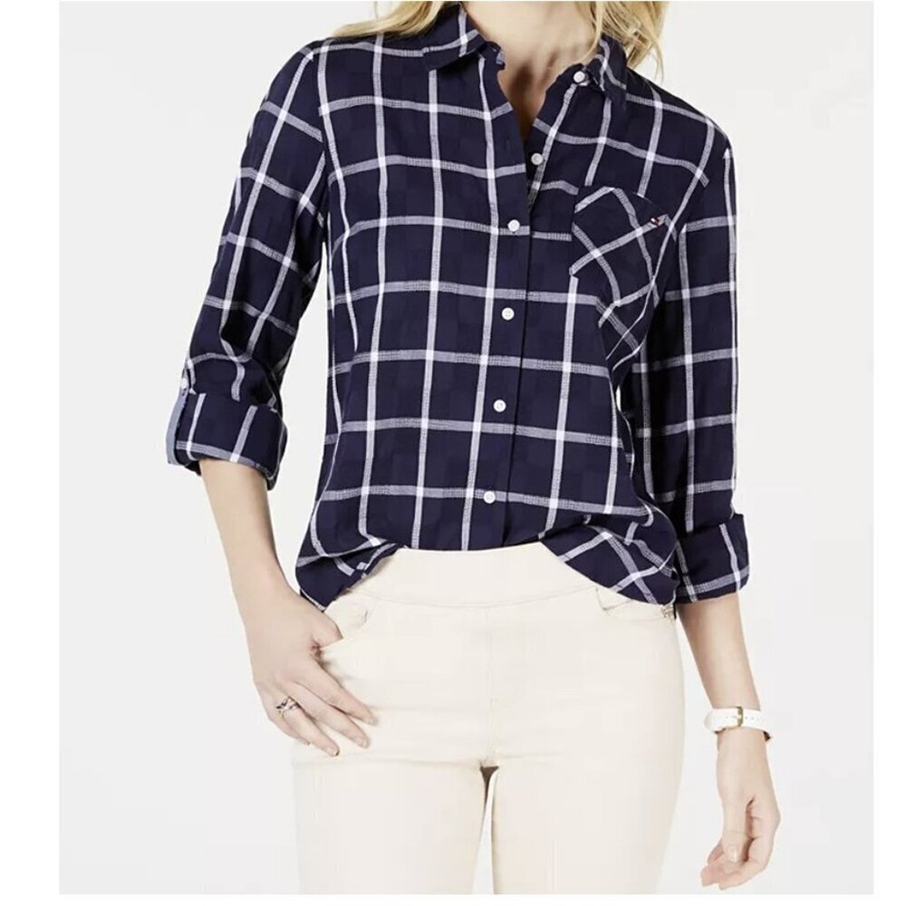 Tommy Hilfiger Windowpane Cotton Button-Down Navy And White Shirt